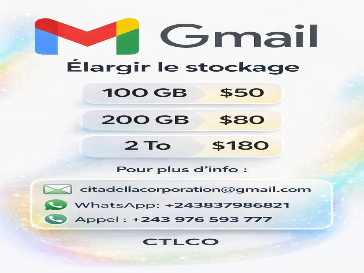 Boostez votre stockage Gmail ,obtenez un espace élargi à 100GB,200GB ou 2000 GB en 30 minutes